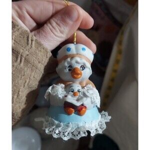 Ceramic Mother Hen and Chick Bell Ornament with Decorative Lace